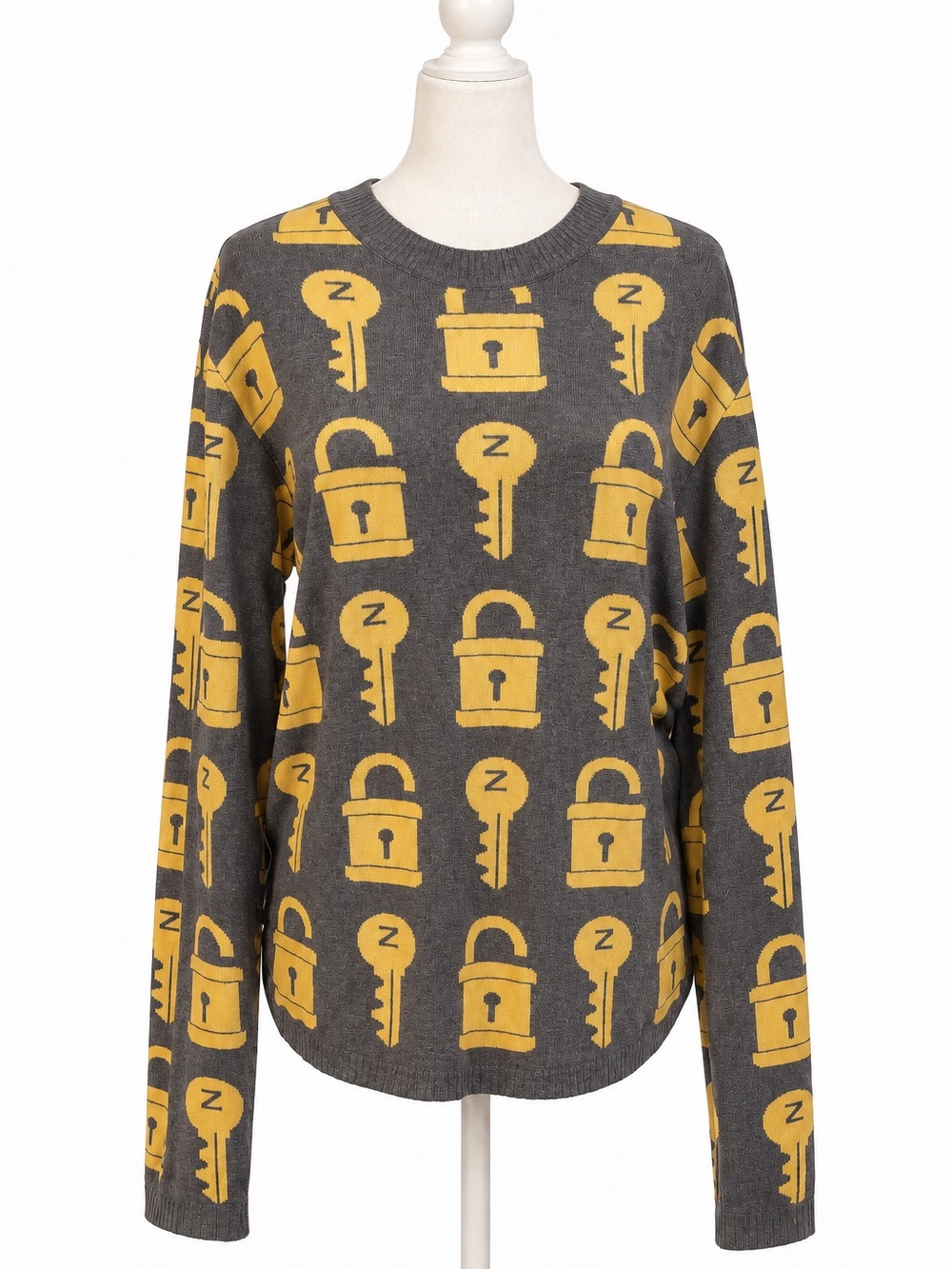 Zalevsky Designer Sweater L Gray Mustard Key Lock Avant-Garde Statement Knit